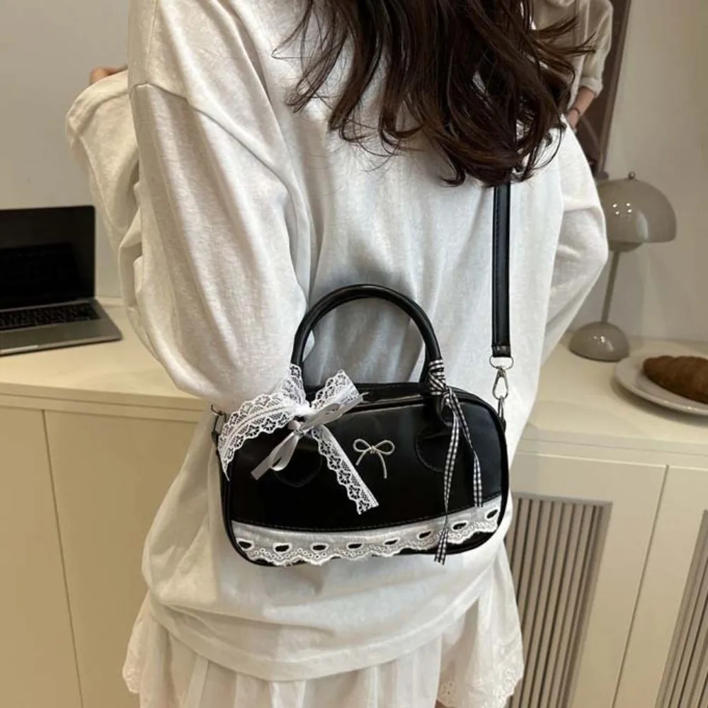 كل مباراة بو الجلود بوسطن حقيبة يد القوس شريطة من الدانتيل Crossbody البولينج حقيبة الملمس الكورية نمط حقيبة مربعة صغيرة يوميا