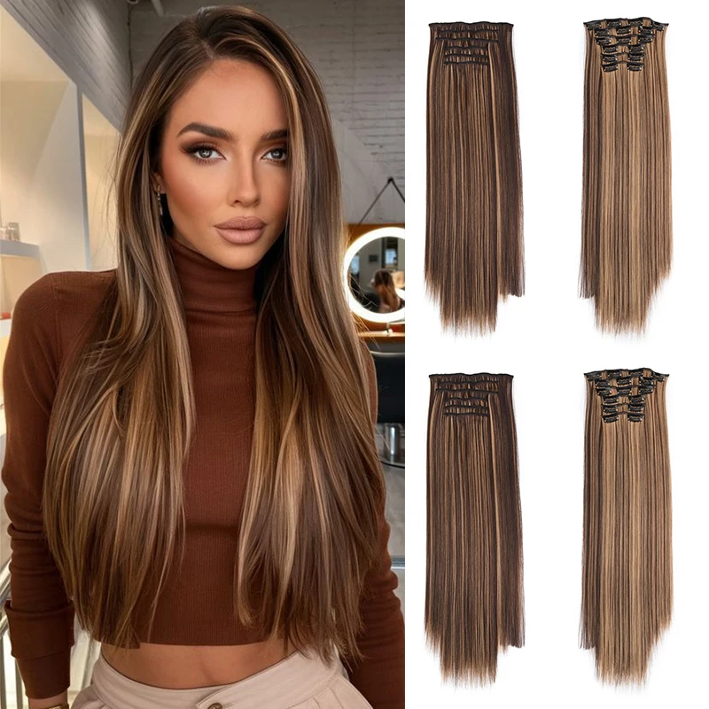 

Long Clip in Hair Extensions 24inch 6PS Straight Hair Piece Extensions for Women Synthetic Straight Clip-in Hairpieces Daily Use