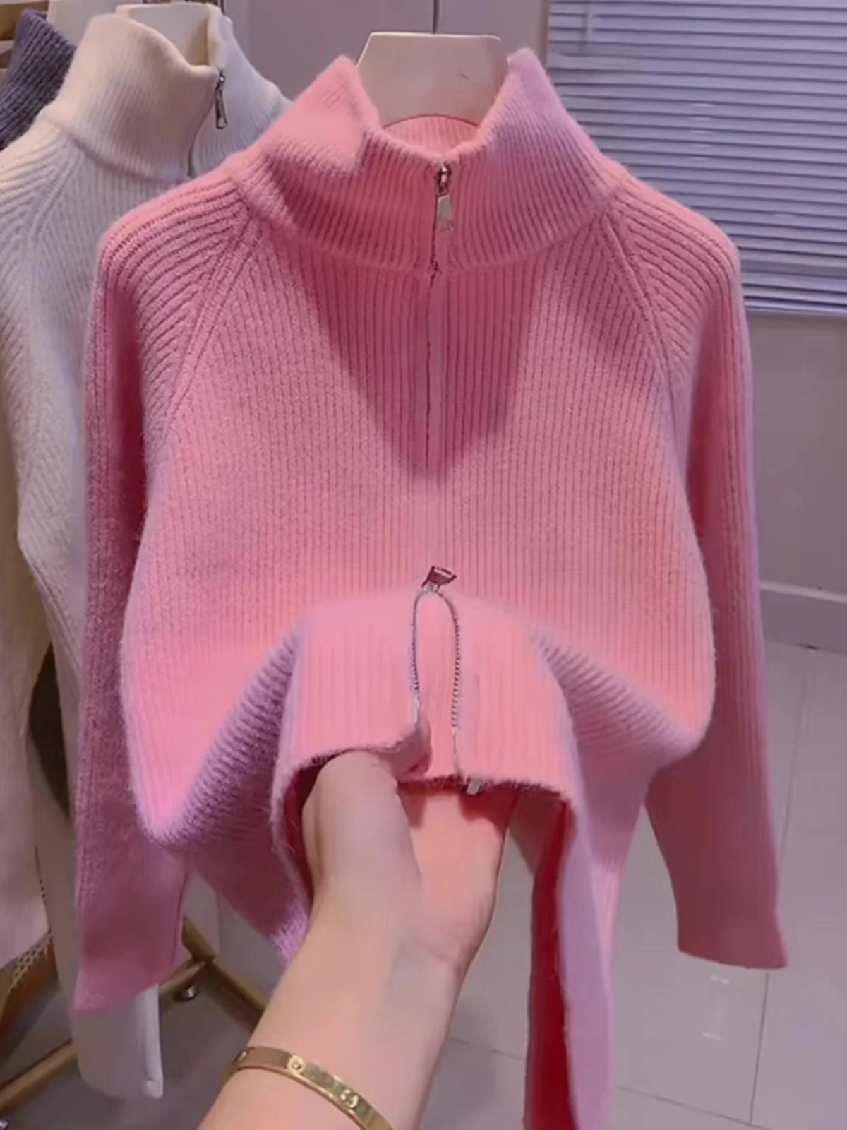 

Pink High Collar Knitted Sweater Women's Base Layer Shirt Double Zipper Thickened Autumn Winter Outerwear Cardigan Top