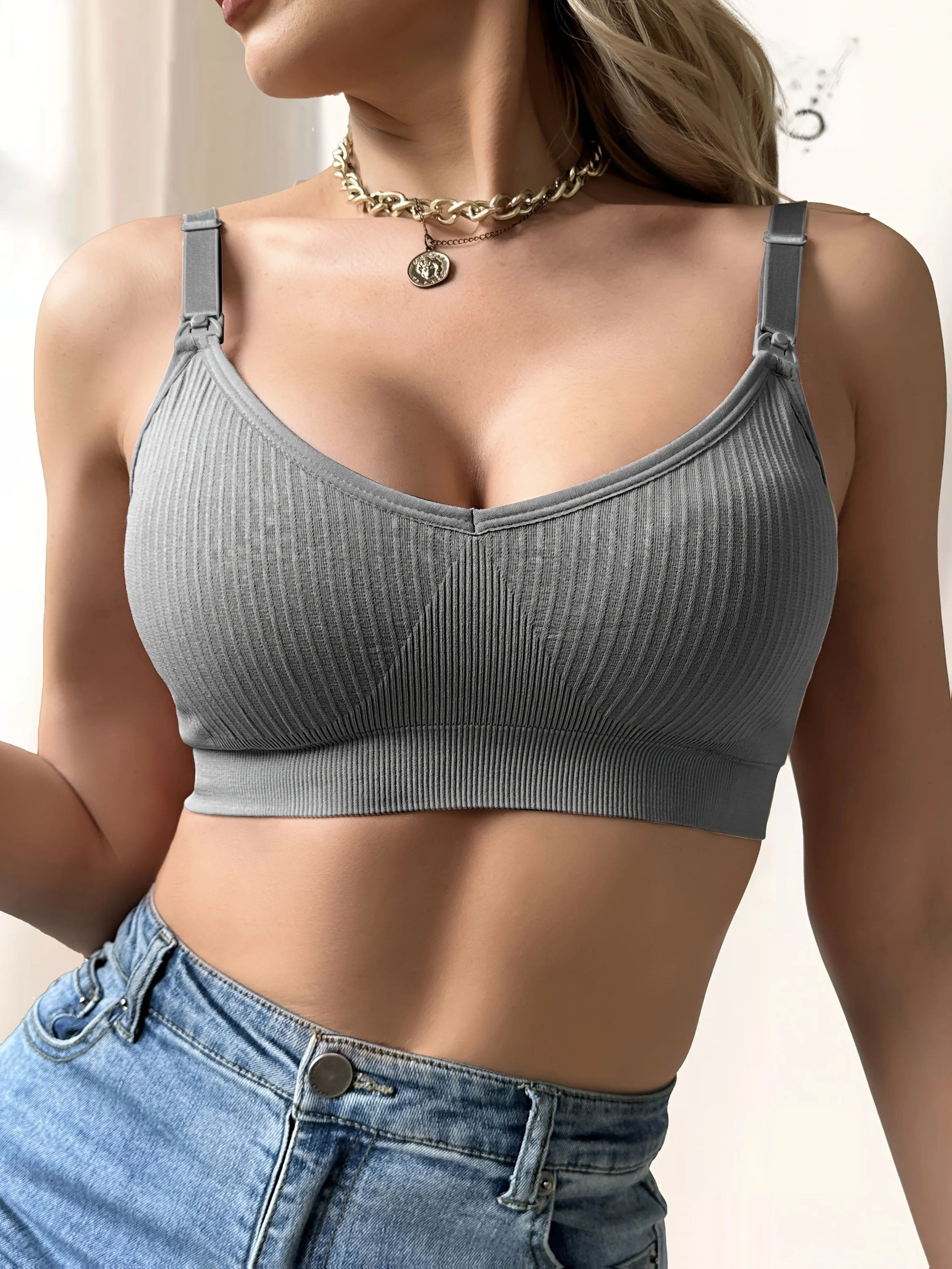 حمالة صدر للرضاعة خالية من الأسلاك مضلعة بأزرار أمامية من قطعة واحدة #4