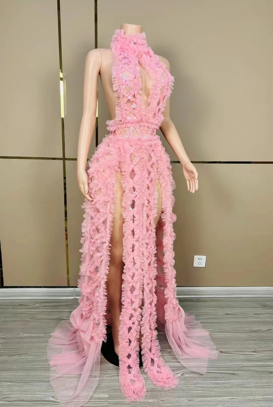 핑크 섹시한 백리스 스팽글 여성 롱 드레스 나이트 바 미인 대회 사진 카니발 레이브 축제 드래그 퀸 의상 마디 그라