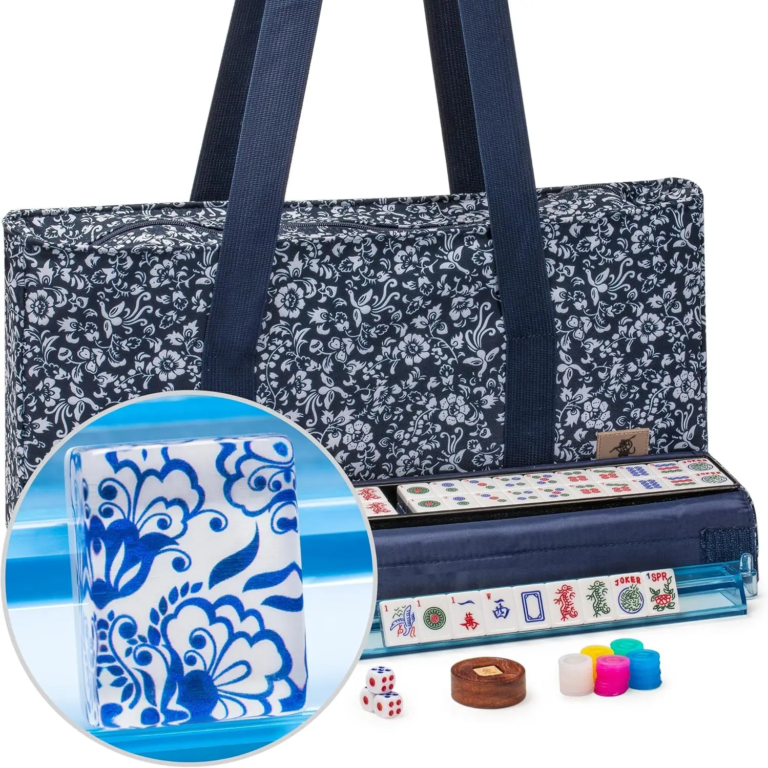 

Yellow Mountain Imports American Mahjong Set, Chinoise II with Floral Blue Soft Case - All-in-One Racks with Pushers, Wright Pat