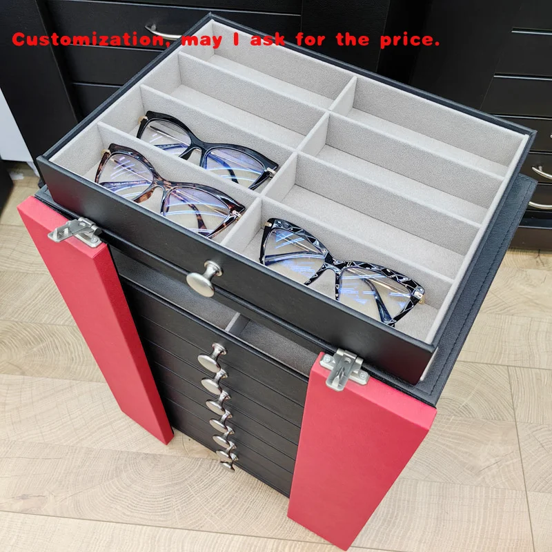custom.64pcs Red Desktop Sunglasses Display Rack Cabinet with Lock Eyewear Storage Box Convenient Organization