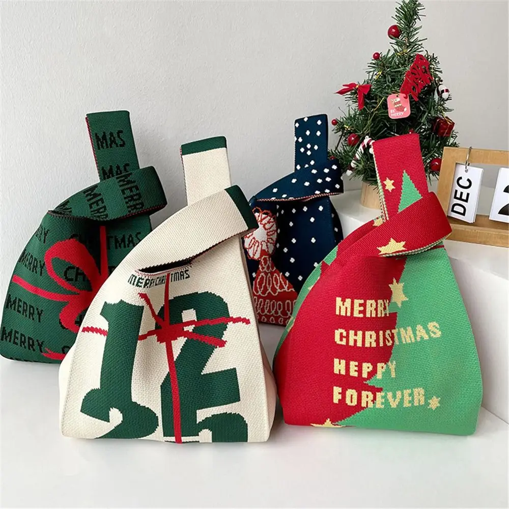 

New Christmas Handmade Knit Handbags For Women Knot Wrist Bag Casual Small Tote Bag Girls Reusable Shopping Bags