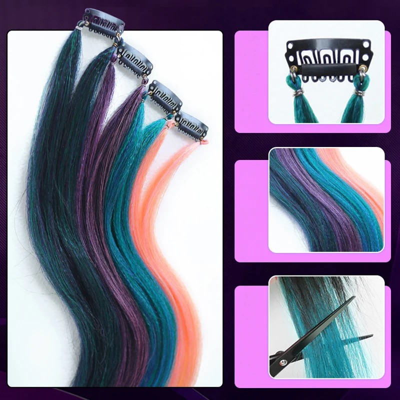 2PCS 60cm Synthetic Long Straight Hair Clips Rainbow Hair Extension Colored Red Green Blue Hairpiece for Women