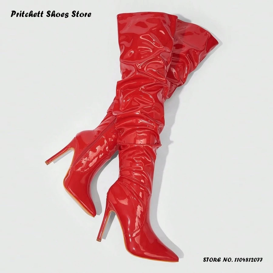 

Women's Pleated Stiletto Thigh High Boots Elegant Patent Leather Over-the-knee Boots Pointed Toe Thin Heels Party Dress Shoes