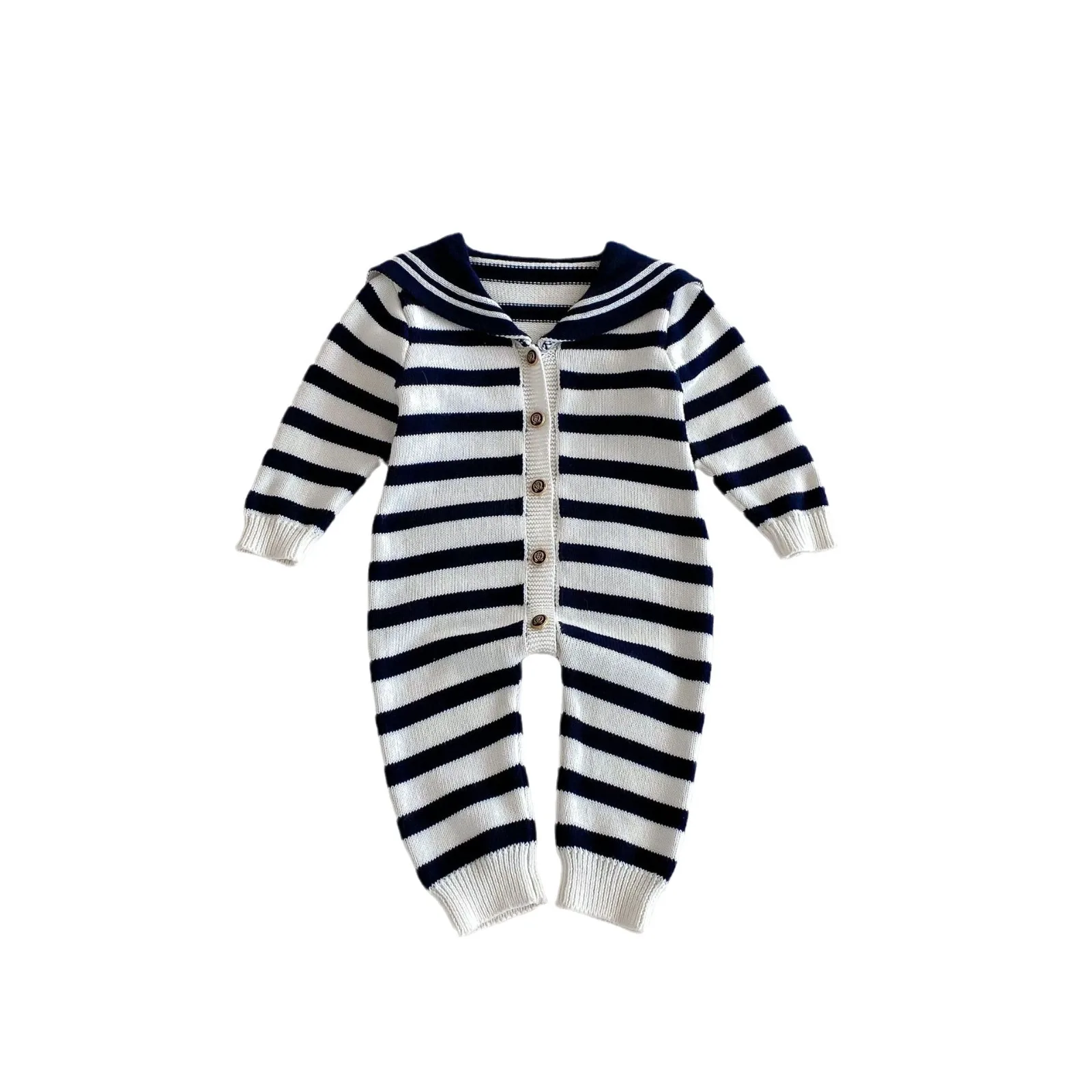 Autumn Winter Baby Boys Jumpsuit Sailor Collar Striped Cotton Knitted Toddler Boys Bodysuit Single Breasted Infant Boys Rompers