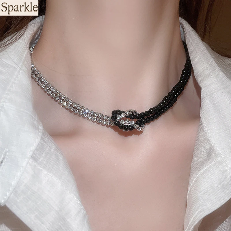 

Rhinestone Black White Splicing Choker Necklace Double Layer Collarbone Chain Y2K Trendy Fashion Jewelry Beaded Chains on Neck