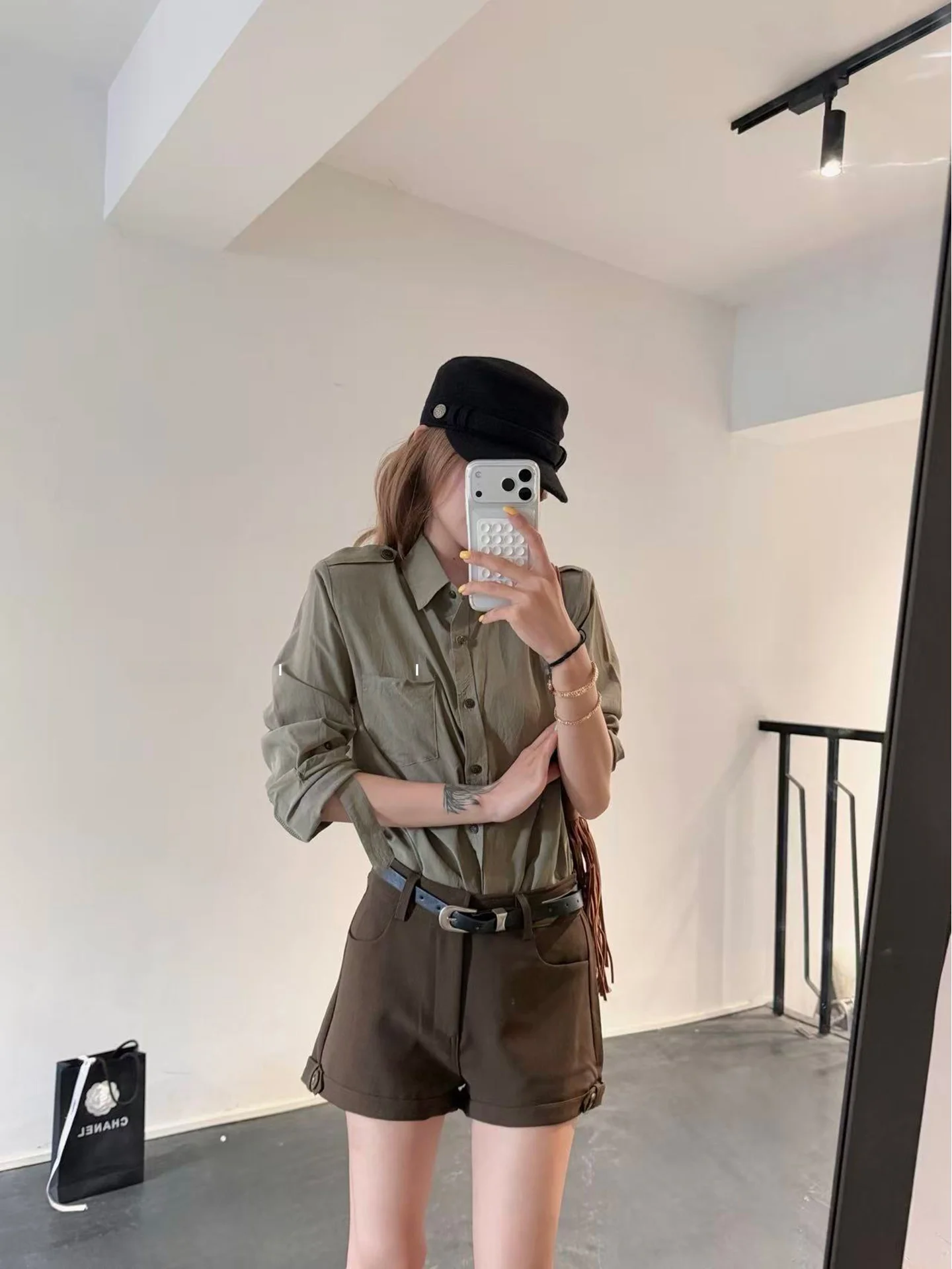 

Slimming Casual American Style Streetwear Two-Piece Set LiLI Miss Li Casual Cotton Long Sleeve Shirt And High Waist Pants