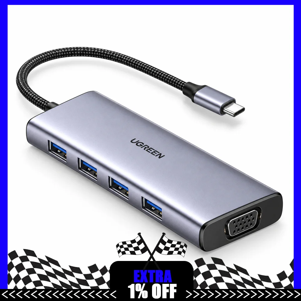 UGREEN CM498 90882 5-in-1 USB-C to VGA Hub, 1080p 60Hz VGA Adapter with 4 USB-A 3.0 5Gbps Data Ports