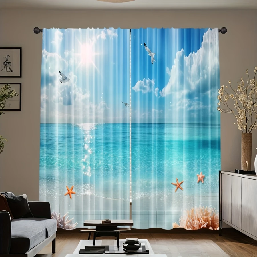 2pcs Digital Printed Curtains, Blue Ocean Chasing Light Pattern, Stylish Window Treatment for Living Room Bedroom Decor