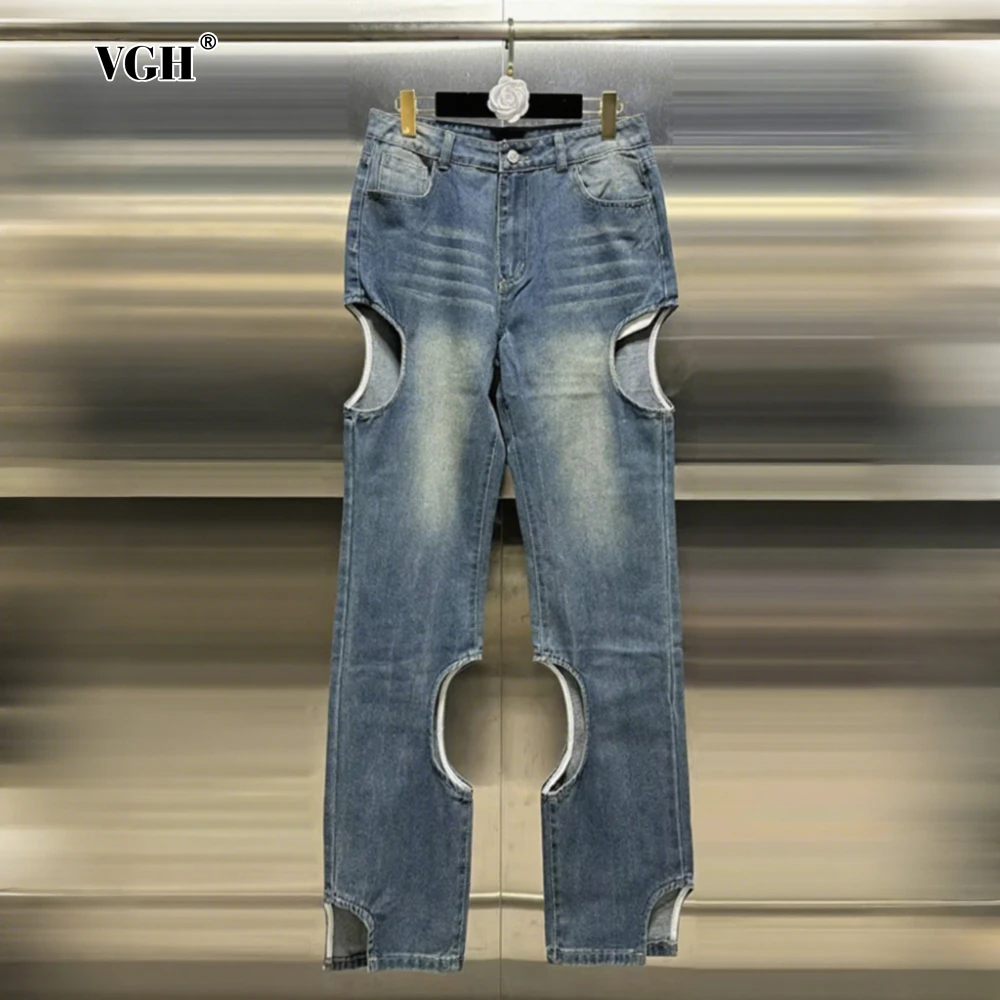

VGH Solid Color Cutout Design Trousers for Women High Waist Patchwork Zipper Irregular Slimming Fashionable Denim Pants Female
