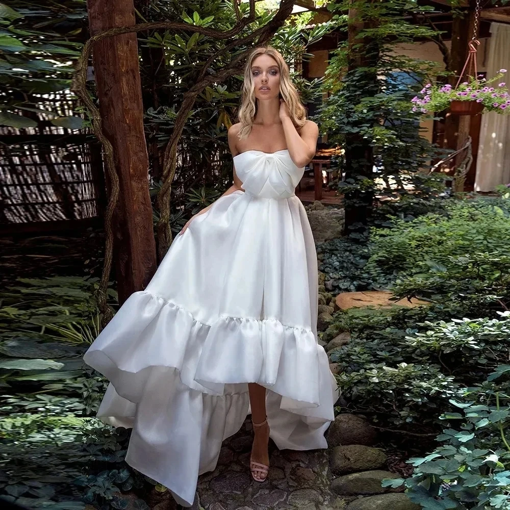 

2025 New Elegant Wedding Dress Strapless Bow Pleated Organza High Low Graden Bridal Bride Party Gowns Vestidos De Noiva
