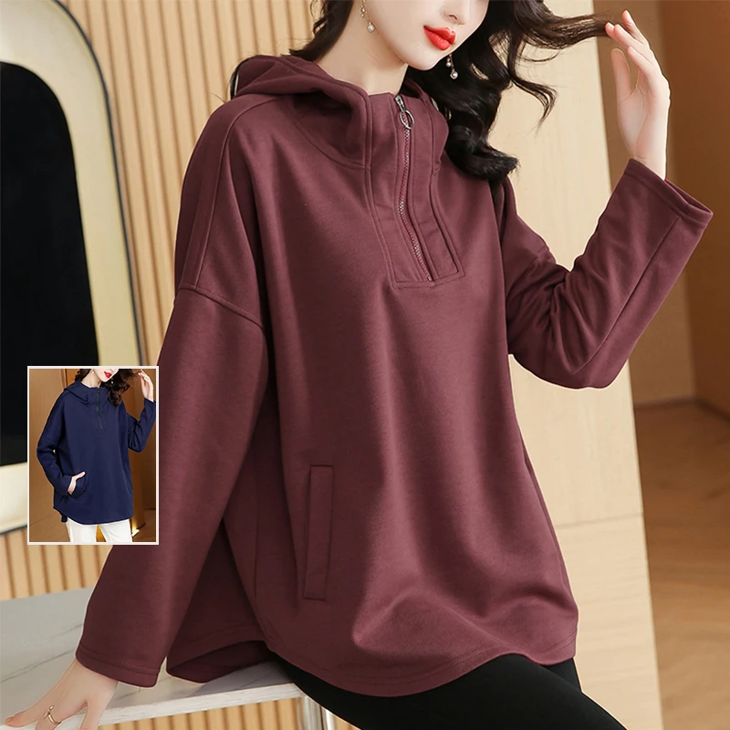 

Spring Autumn Lazy Sle Color Hoodie plus Size Women's Faion Zipper Long Sve Versatile Cover up Jaet Women