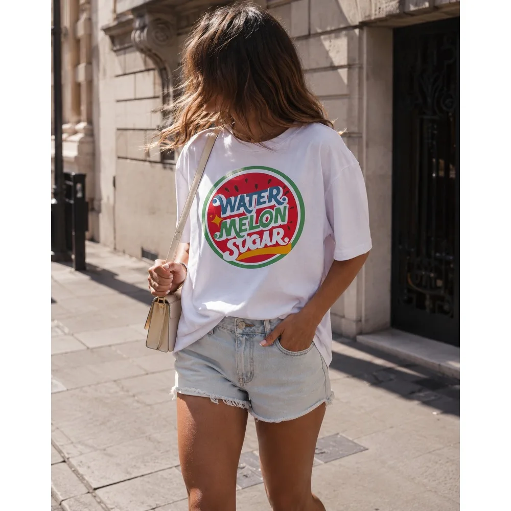 Vintage Twinkling Watermelon Graphic T-Shirts Women's Funny Streetwear Korea Style Aesthetic Y2K Clothing Urban Style Printed