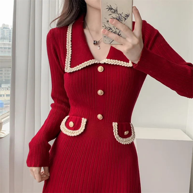 Women's Spring Autumn Winter Slim Fit Temperament Long Bottom Sweater Fragrant Knitted Dress