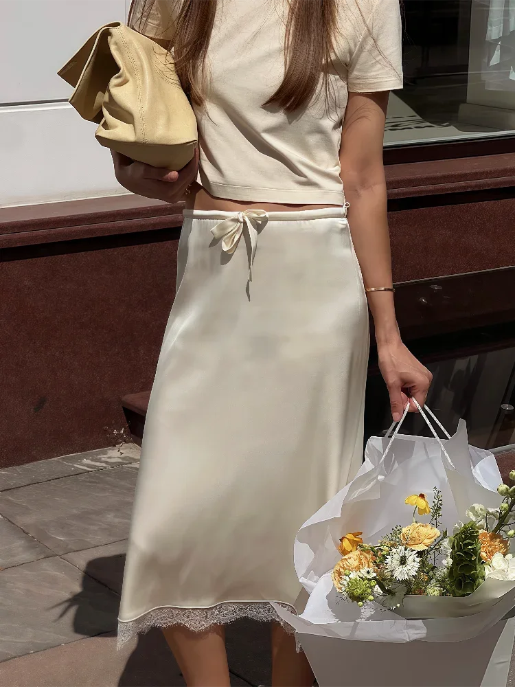 

Women's Lace Patchwork Midi Straight Skirt Satin Drawstring Lacing Loose Long Skirt Contrast Casual Commuter Streetwear