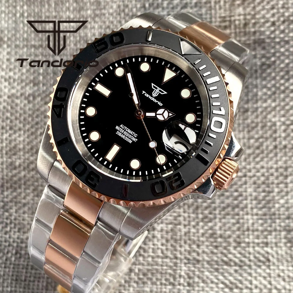 Imagem -04 - Tandorio Nh35a Mostrador Preto 40 mm Relógio Automático para Homem 200m à Prova Impermeável Água Vidro de Safira Cerâmica Rotativo Bisel Dois Tons Pulseira