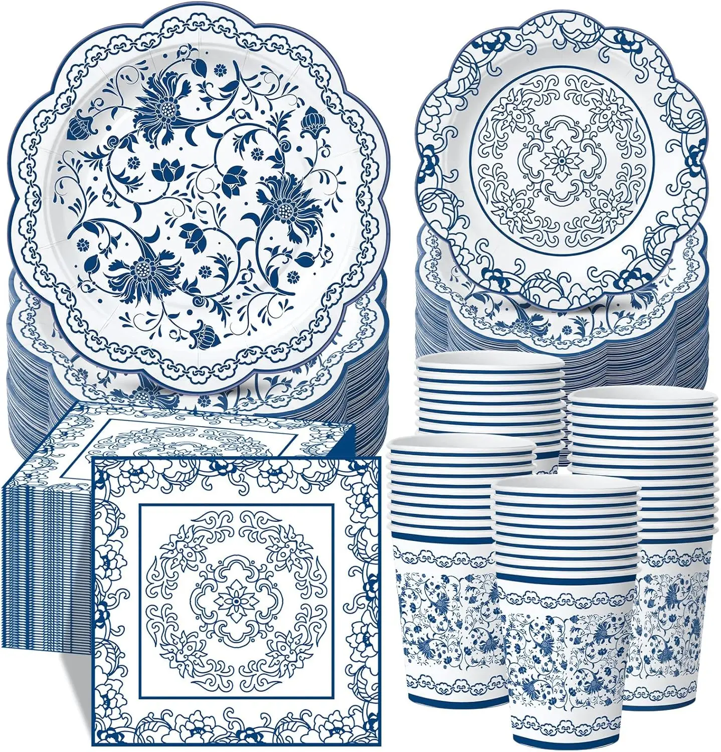 

250 Pcs Blue White Floral Party Supplies Decorations Serve 50 Blue and White Porcelain Pattern Disposable Paper Plates N