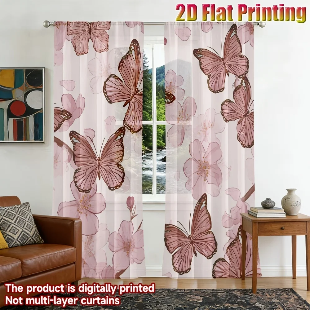 2PCS Digital Printing Sheer Curtain, Hummingbirds Tropical Flowers Pattern, Vibrant Exotic Garden Nature Spring Summer Decor