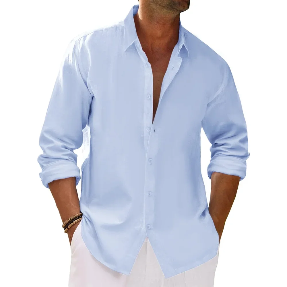 

Spring Summer Long Sleeve Shirts for Men Cotton Linen Causal Simple Basic Style Solid Color Lapel Collar Single Breasted Tops
