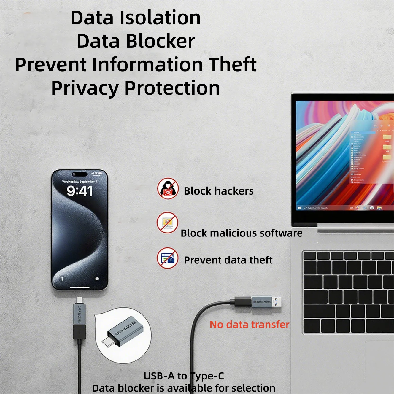 2PCS USBA/C Anti-Theft Data Blocker Type-C Adapter with Virus Protection Mobile Phone Charging Connector for Enhanced Security