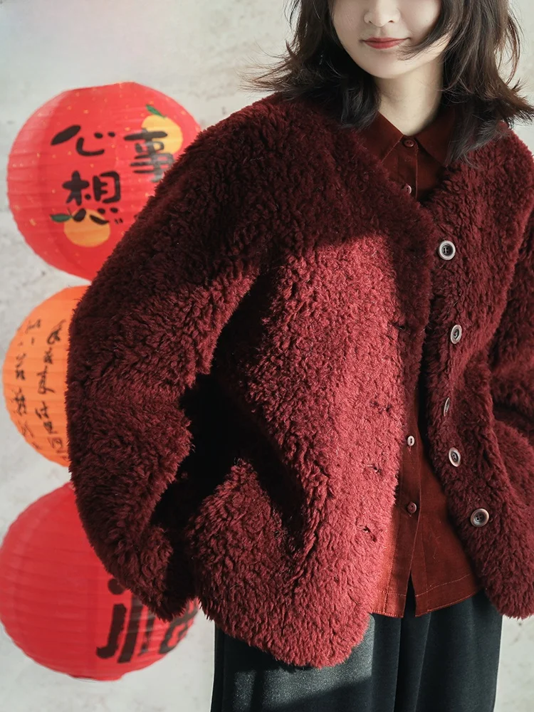 

00% Wool ort Coat Women's Thiened Circle Fur Leather And Fur Inteated Casual Sle round Collar Loose Fit Outerwear