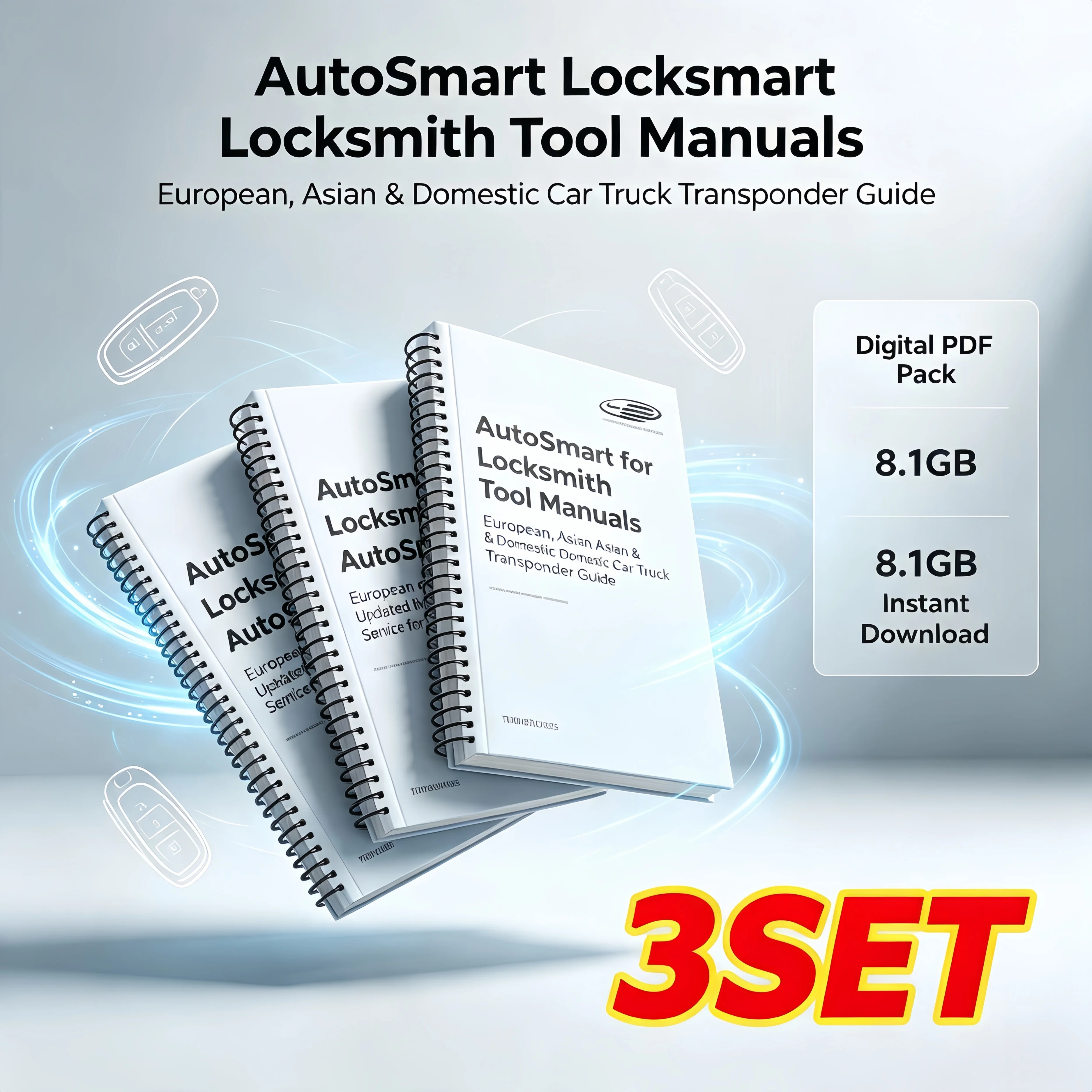 3‑Set AutoSmart Locksmith Repair Manual, Updated Model Info for European Domestic Cars Trucks, Transponder Service E‑Book PDF