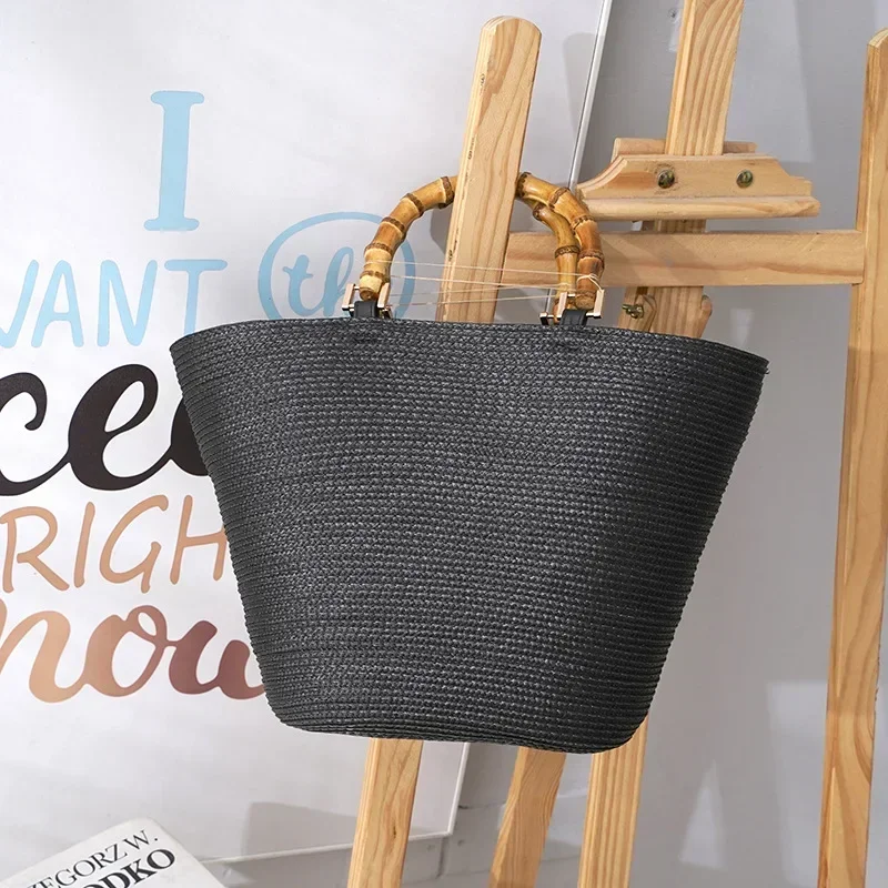 Casual Rattan PP Grass Hand-Woven HandBag Bamboo Handle Design Women's Large Capacity Tote Bag Summer Straw Beach Bag Feminina