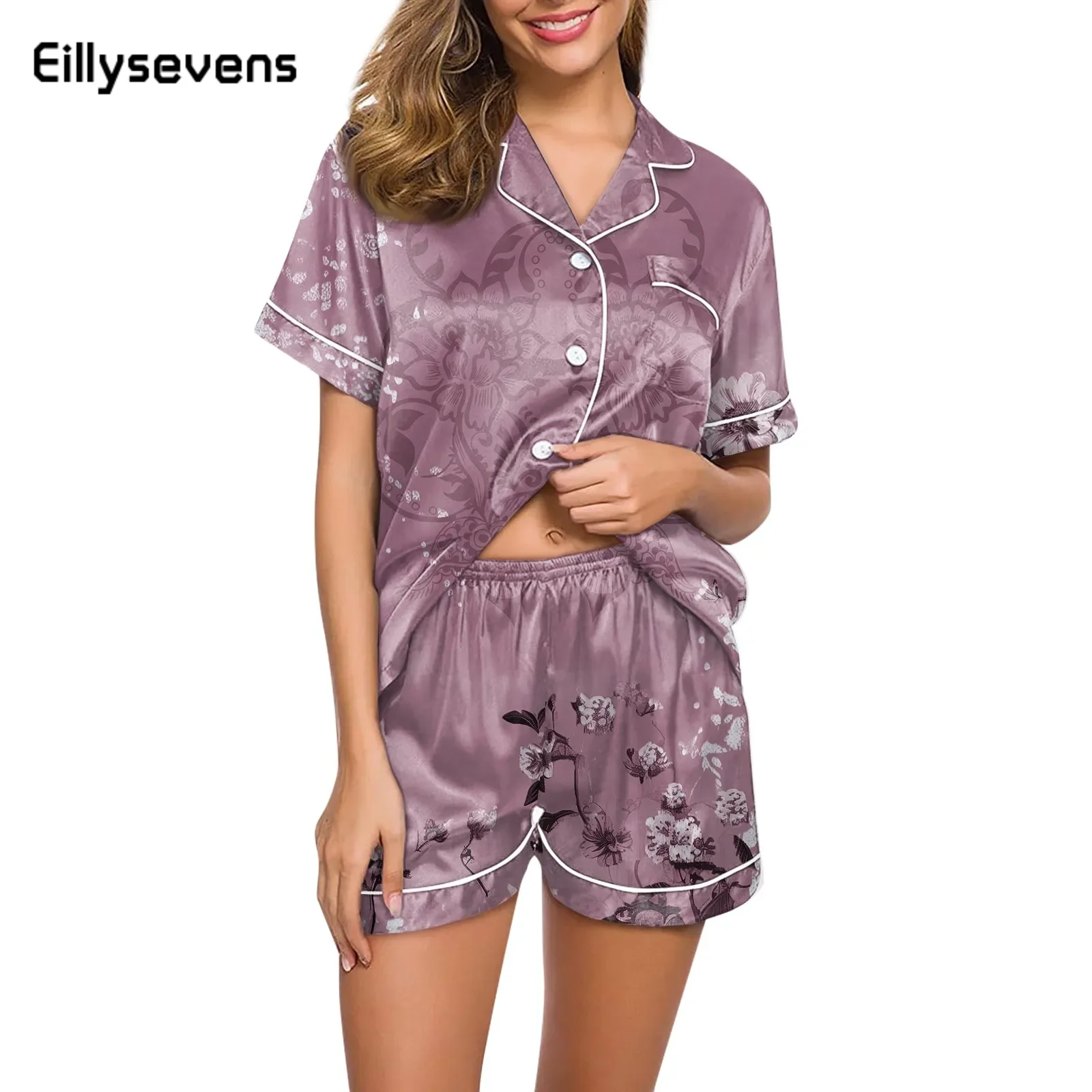 

Women Sleepwear Summer Pajama Set Turn Down Collar Faux Silk Satin Short Sleeve Top+Shorts Female Pijama Homewear Suit