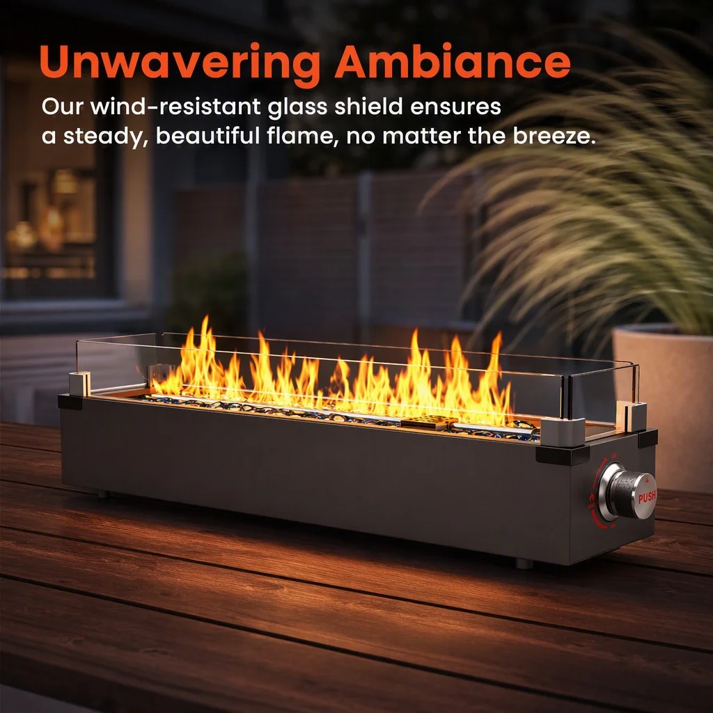 28 Inch Tabletop Propane Fire Pit, 50,000 BTU Portable Outdoor Gas Firepit with Glass Wind Guard & Blue Glass Beads, Table‑Top Fireplace for Patio Deck Camping