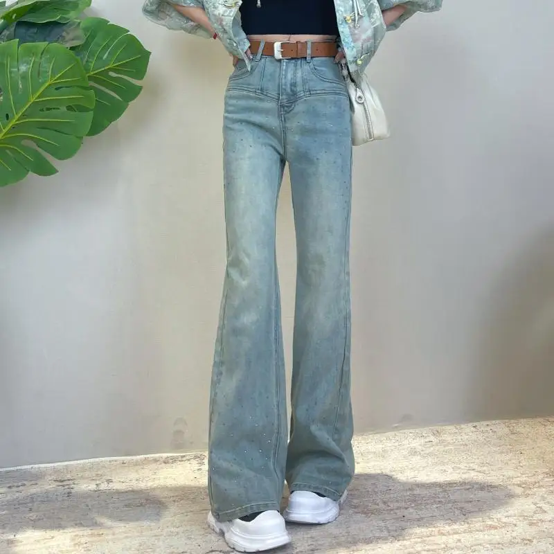 Jeans svasati con diamanti a vita alta da donna Sle Primavera Nuovo arrivo Ele Pantaloni lunghi versatili fino al pavimento