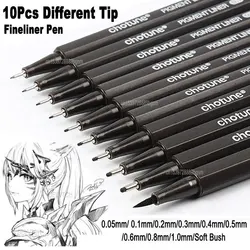 10Pcs Different Micron Tip Set Art Marker Fineliner Pen Brush Black Ink Pigment Liner For Manga Comics Drawing Sketch Drafting