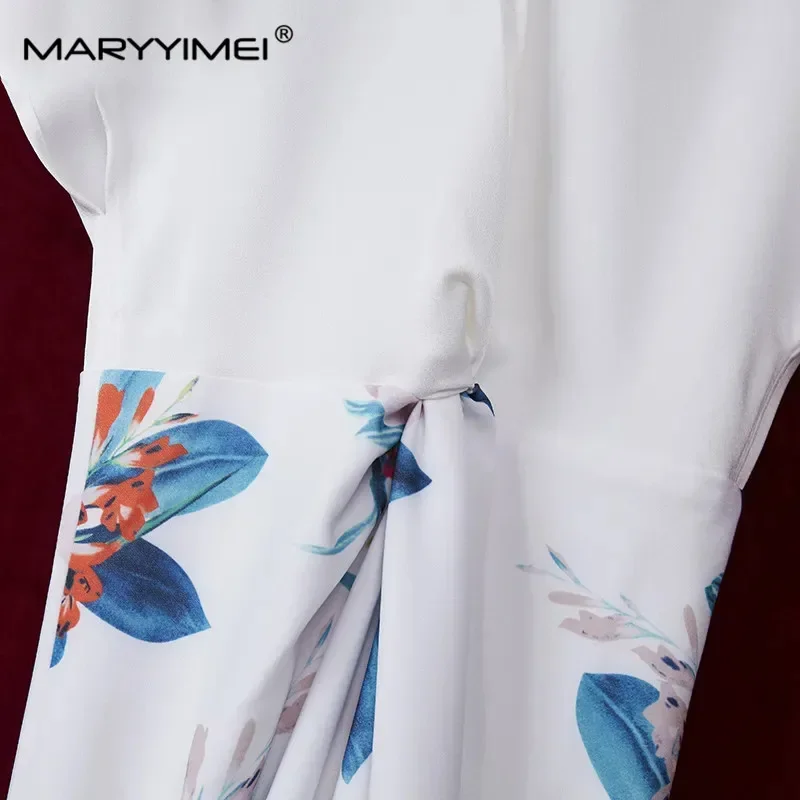 MARYYIMEI أنيقة زهرة طباعة فستان أبيض طويل المرأة مثير الخامس الرقبة قصيرة الأكمام حزمة الأرداف سليم الصيف المدرج فساتين