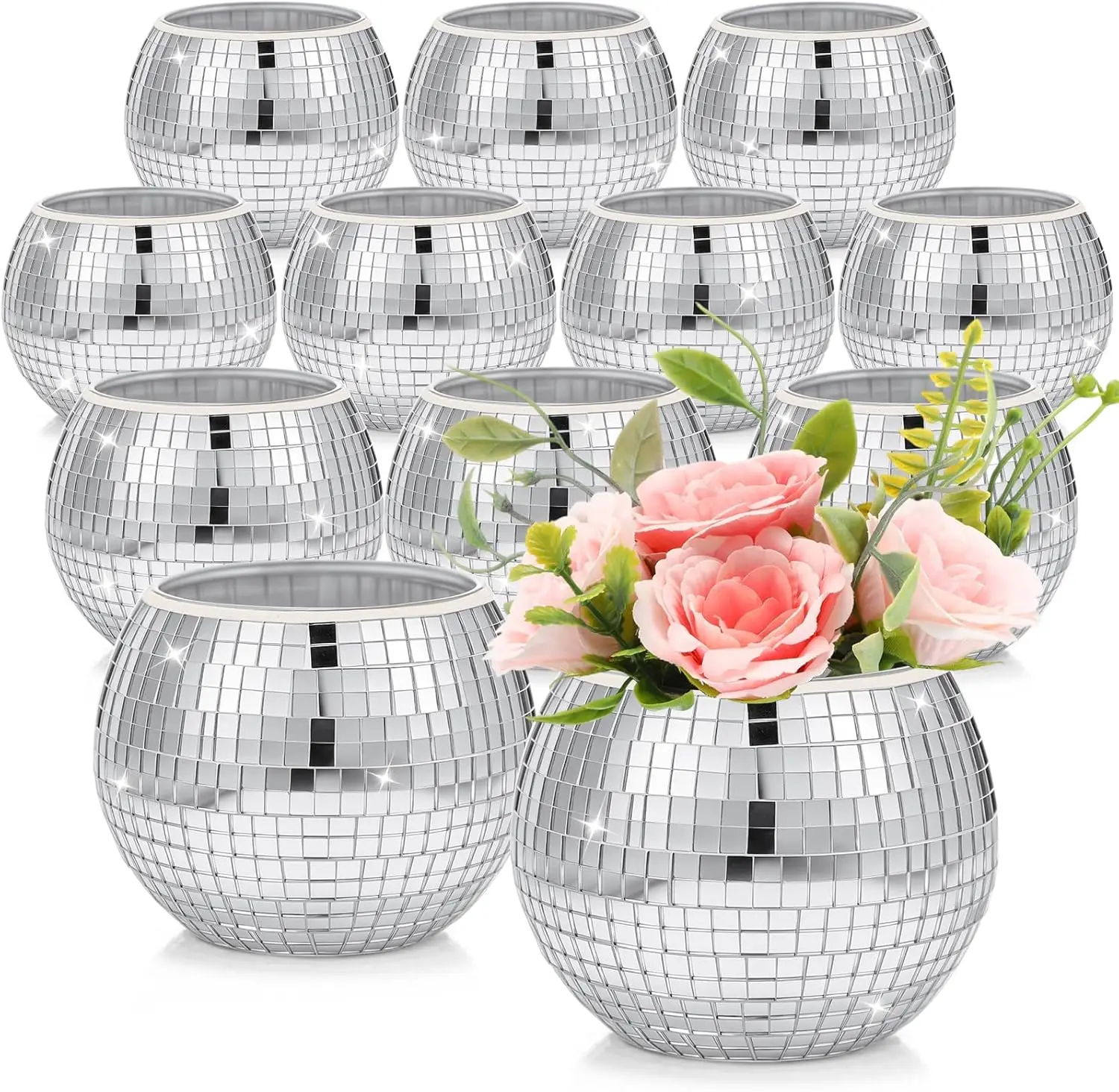 

12 Pcs Disco Vases Bulk Silver Mirror Disco Ball Flower Glass Planter Candle Holder for Wedding Table Centerpieces Bedroom