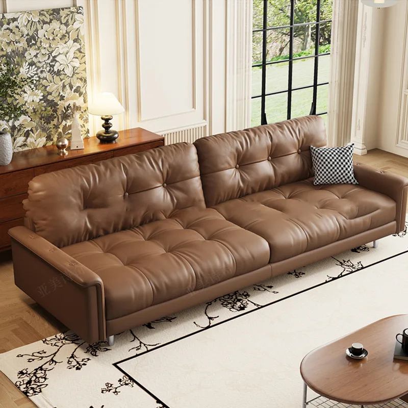 Retro Cowhide Leather Sofa Medieval Three-person Living Room Straight Row Apartment Light Luxury Down Leather Sofa Thickened