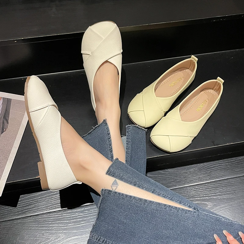 ผู้หญิง SLIP-ON หนัง Loafers สุภาพสตรีสบายๆรอบ Toe น่ารักรองเท้าพยาบาลรองเท้าผ้าใบฤดูใบไม้ผลิฤดูใบไม้ร่วงแฟชั่นรองเท้าบัลเล่ต์