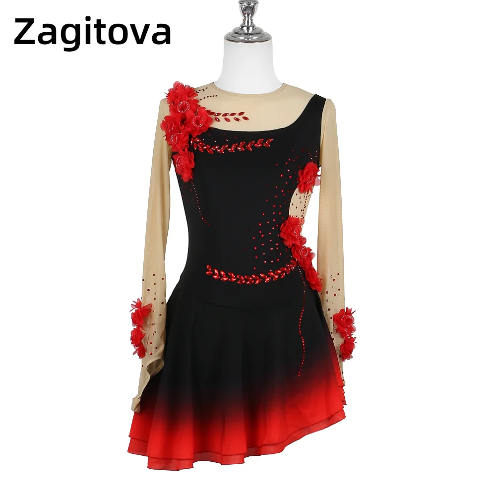 

ZAGITOVA Figure Skating Dress Women Girls Ice Skating Skirt Black Red Gradient Flower Competition Mesh Skirt