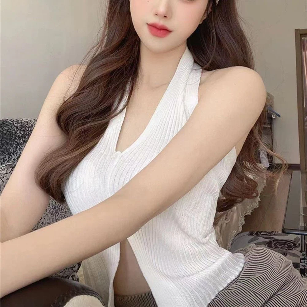 Top Corto de Punto para Mujer, Estilo Y2K, Top Halter Acanalado, para Looks Casuales en Capas, Primavera, Verano y Otoño, Estilo sin Mangas