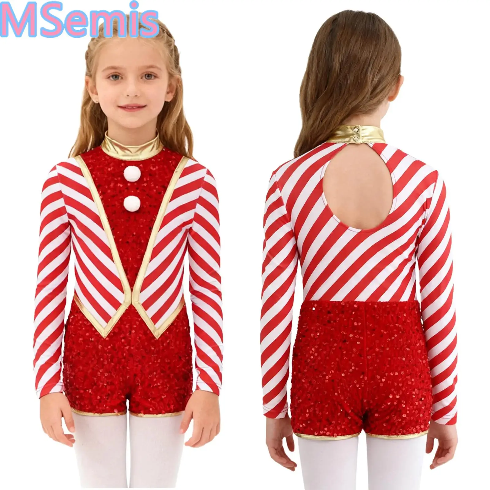 Kids Girls Christmas Jumpsuit Mock Neck Long Sleeve Stripes Sequins Pompoms Jumpsuit Christmas Party Candy Cane Costume