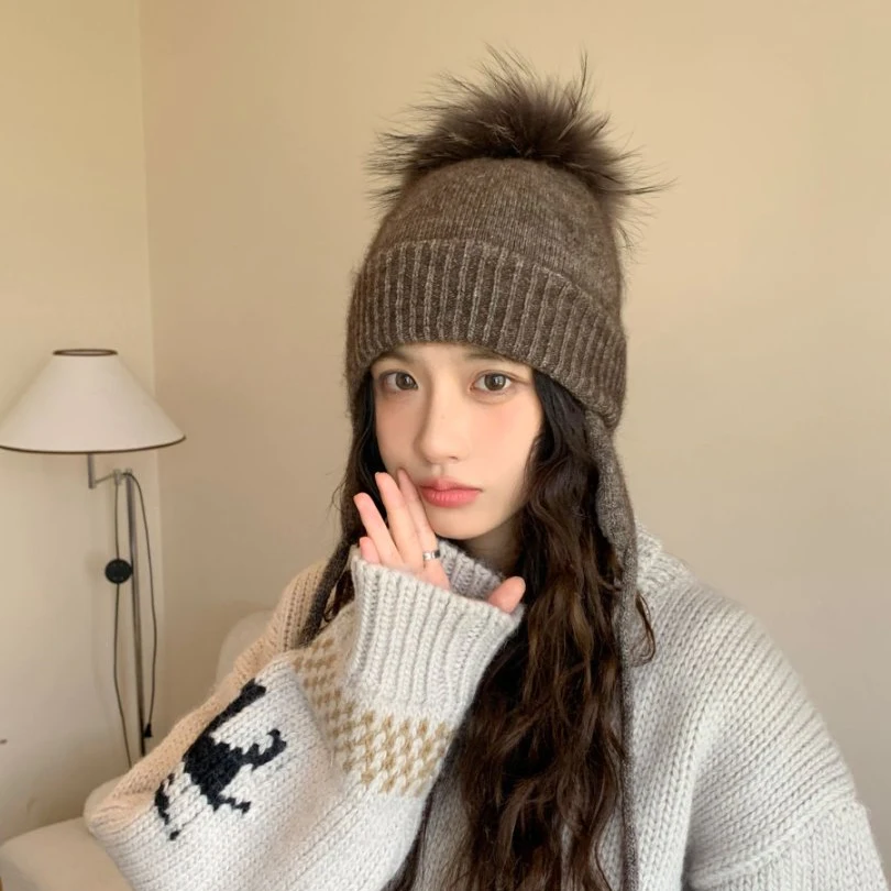

Earflap Hat Pompom Women Winter Beanie Angora Knit Cap Warm Accessory For Autumn Cold Weather Sports Skiing Outdoor Holiday