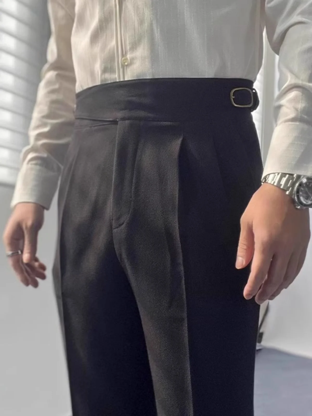 

Мужские повседневные брюки с высокой талией и прямыми штанинами, в стиле ретро, универсальные, с пуговицами, в британском стиле, для делового образа