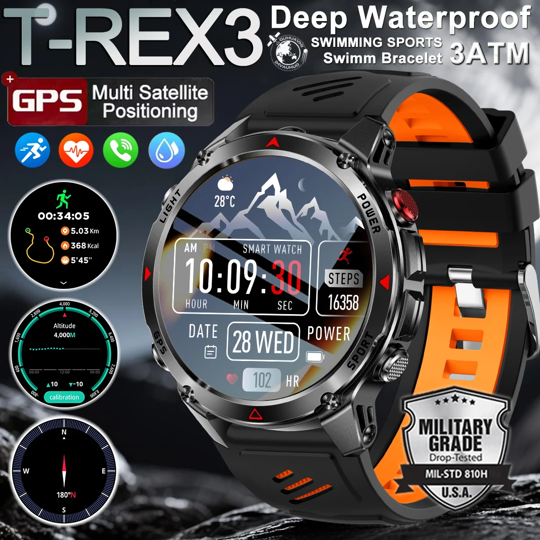 

Новые военные смарт-часы T-Rex 3, мужские 3ATM, водонепроницаемые, GPS, траектория, компас, спортивный фитнес-трекер, HD BT, браслет с пульсометром