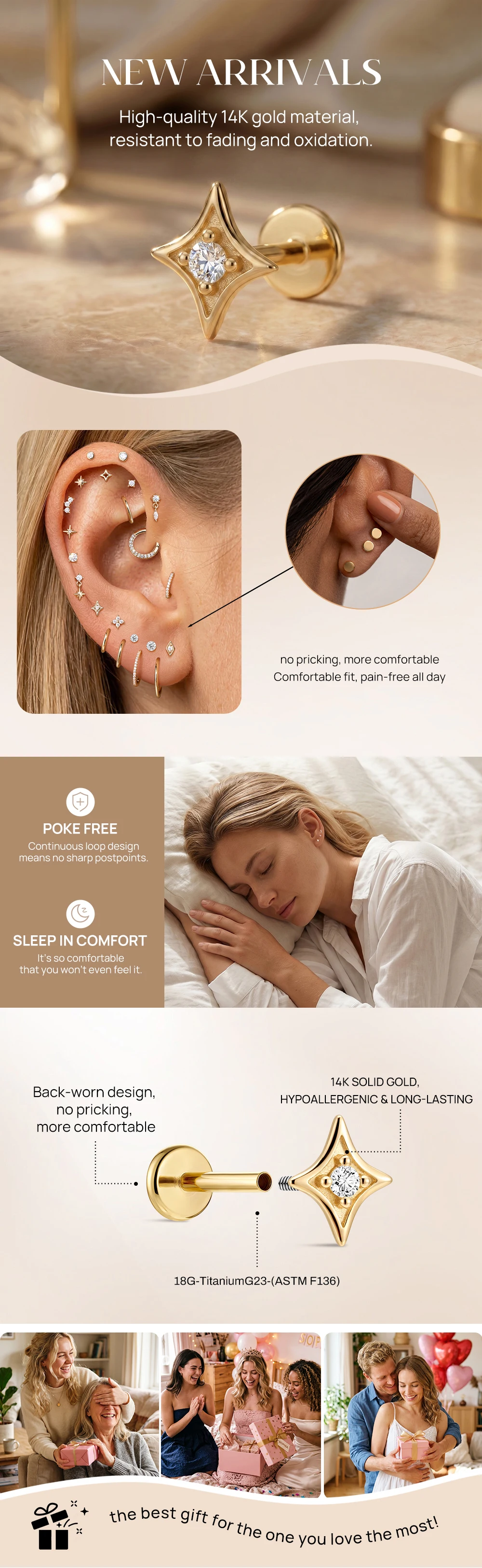AIDE Mini-Piercing-Ohrringe aus 14-karätigem massivem Gold, glänzend, Herz-/rund-/sternförmig, für Damen, in verschiedenen Größen, klassischer Hochzeits- und Brautschmuck, luxuriöser Schmuck – Detail 15