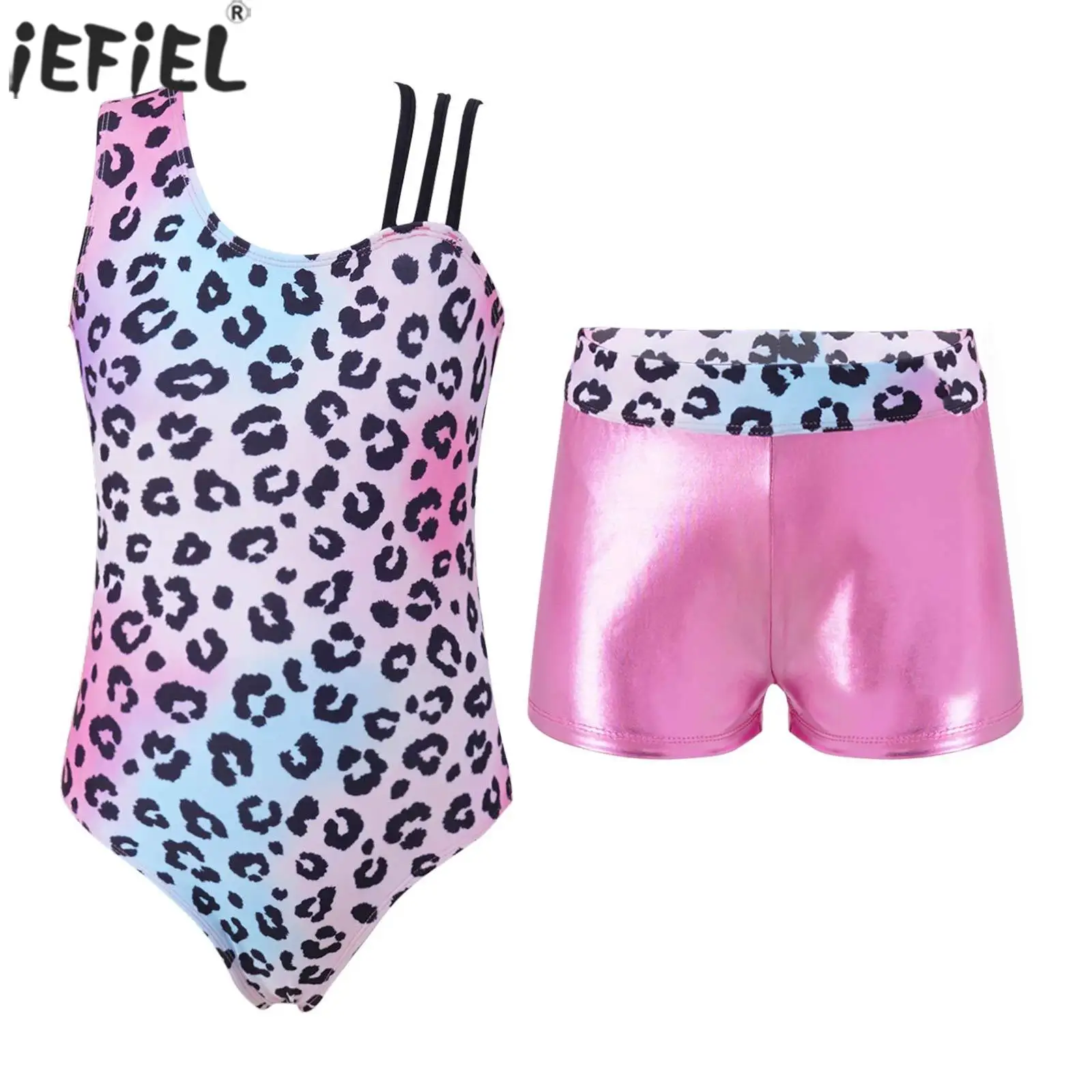 

Kids Girls Asymmetric Shoulder Straps Printed Leotard with Shorts Set Children Gymnastic Yoga Dance Sports Performance Costume