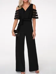 Women's Fashion Off Shoulder V-neck Wide Leg Pants Jumpsuit Lady Solid Sashes Summer Elegant Casual New Women Clothes Jumpsuits