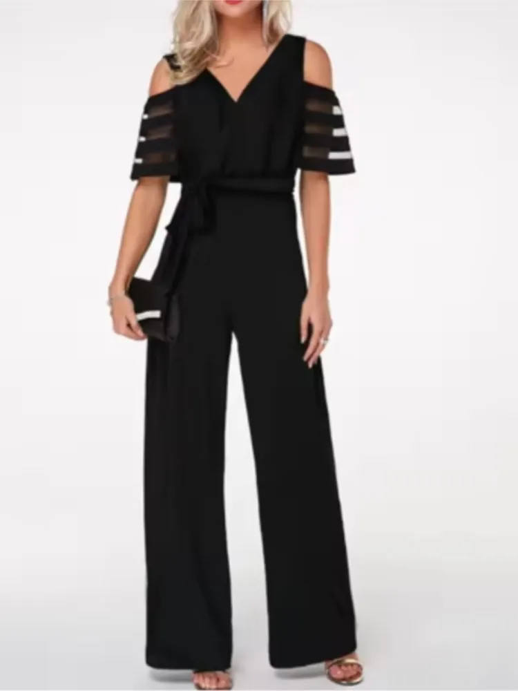 Moda damska Off Shoulder V-neck Spodnie z szerokimi nogawkami Kombinezon damski Solidne szarfy Lato Elegancki Casual Nowe ubrania damskie Kombinezony