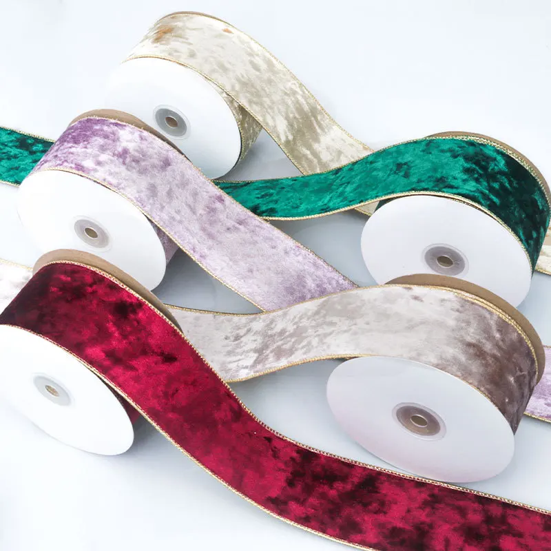 50MM Wired Edge Reversible Velvet Metallic Ribbon For Christmas Tree Decorations Bow Making New Year Gift Wrapping 10Yards Roll