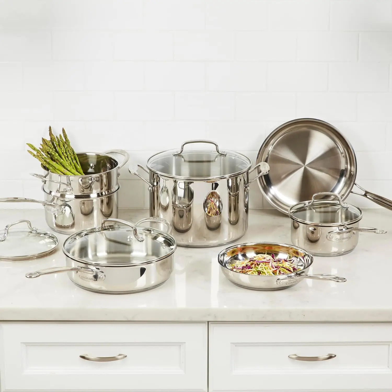 Stainless Steel 11 Piece Pots Pans Set Cookware Induction Electric Gas Cooktops Aluminum Core Even Heat Cool Grip Handles Dishwa