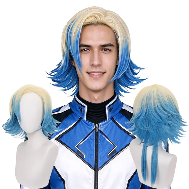 Michael Kaiser Cosplay Wigs Blonde Blue Ombre Short Layered Fluffy Wig with Long Back Ponytails Heat Resistant Synthetic Hair